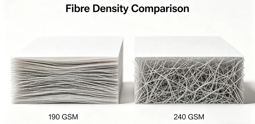 Cross‑section comparison of 190 GSM vs 240 GSM paper showing fibre density difference