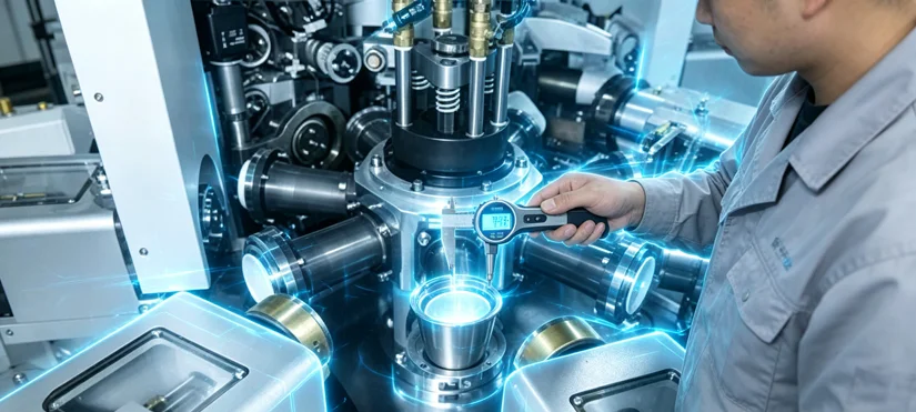 Operator using a dial gauge on a cup forming unit’s punch head – measurement in progress