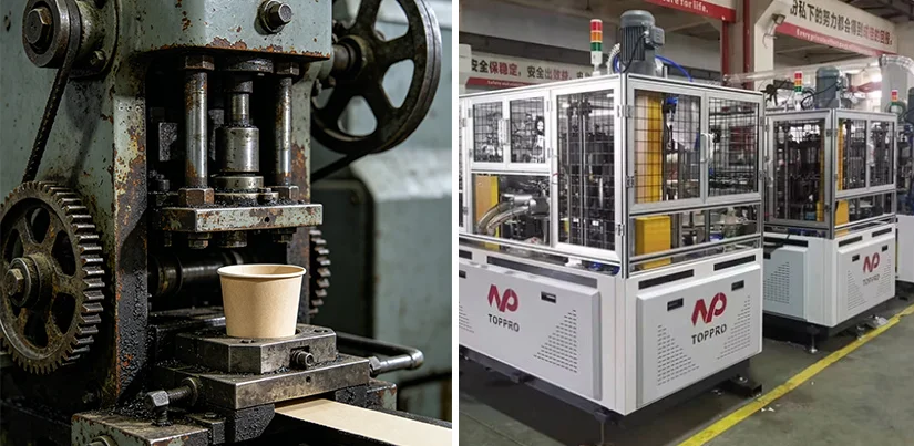 Side‑by‑side view of an older cam‑driven forming station vs. a servo‑controlled modern unit with touchscreen panel